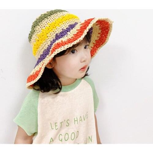 Baby Girls Summer Hat for Kids Striped Beach Straw Hat Children Wide Brim Sun Protection Floppy Panama Hats Foldable Bucket Hats