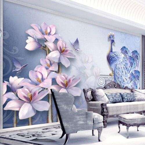 Custom Wall Cloth 3D Stereo Relief Blue Peacock Flowers Murals Wallpaper Living Room TV Sofa Theme Hotel Background Wall Papers