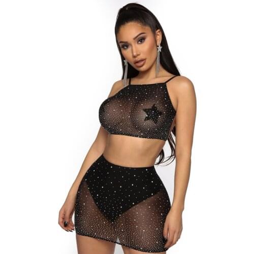 Porno Women Sexy Lingerie Set Black Rhinestone Decoration Club Party Skirt Transparent Miniskirts Babydoll Set