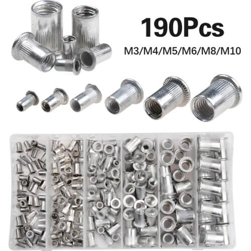 190Pcs/lot Aluminum Alloy Rivnut Flat Head Threaded Insert Cap M3 M4 M5 M6 M8 M10 Rivet Nut Set With Box
