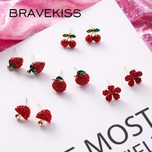 BRAVEKISS Cute Red Crystal Fruit Statement Stud Earrings for Women Strawberry Cherry Flower Earring 2019 Fashion Jewelry BPE1489