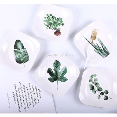 Nordic Tableware Green Plant Ceramic Plate Creative Square Plate Bowl Plate Set Home Western Steak Fruit Plate