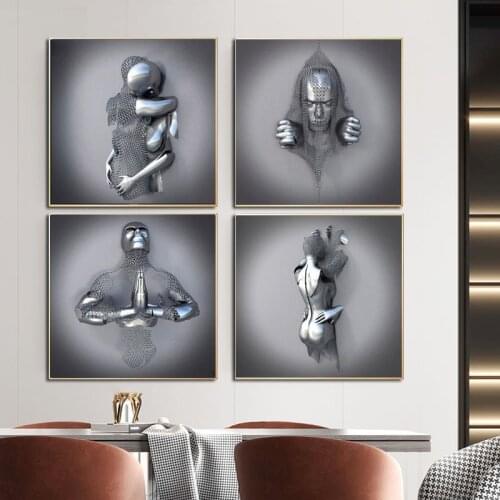 Modern Metal Figure Statue Art Canvas Painting Abstract Couple Sculpture Poster and Prints Wall Art Pictures for Room Home Decor