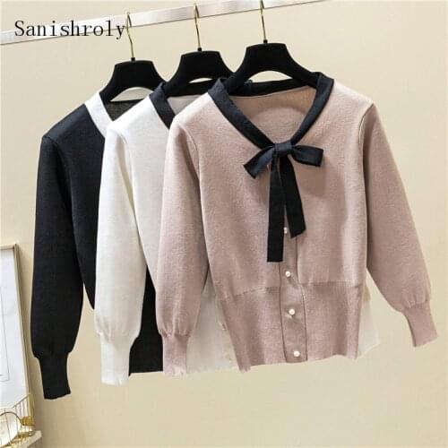 Sanishroly Spring Autumn Women V-Neck Sweaters Thin Tie Bow Sweater Female Button Pullovers Long Sleeve Knitwear Short Tops S882