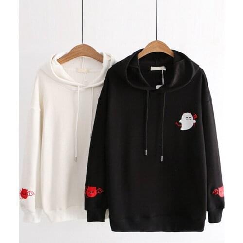 Spring Hooded Sweatshirt Hoodies Womens Harajuku Devil Embroidery Black White Pullovers E Girl Sweatshirts Tops Loose Clothes