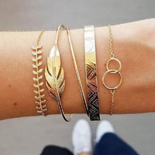 Visunion Romantic Bracelet Gold Color Simple Design 5-piece Classic Bracelet Double Circle Leaf Pattern for Women Jewelry Gift