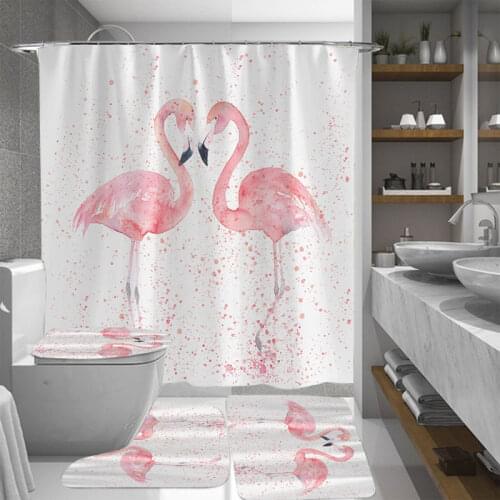 1/3/4Pcs 3D Flamingo Waterproof Shower Curtain Mildew proof Toilet Cover Non-slip Mat 3pcs Toilet Bathroom Decor with 12 Hooks