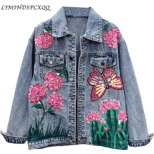 2020 Spring Fashion Heavy Nail Bead Flower Butterfly Sequin Long Sleeved Denim Jacket Clothes Women Jeans Coat Chaqueta Mujer