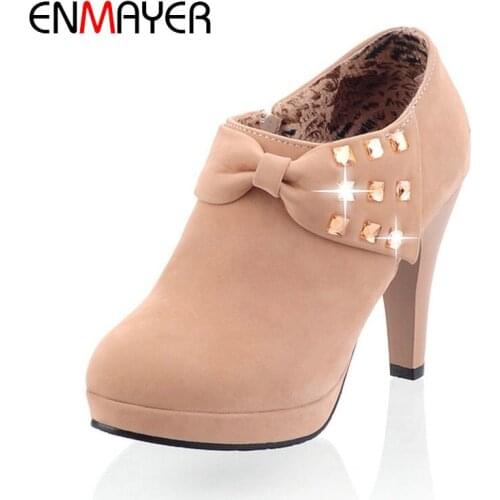 ENMAYER 2020 Basic Ankle Boots for Women Flock Round Toe Thin Heels Women Winter Boots Solid Platform Zipper Fashion Women Shoes