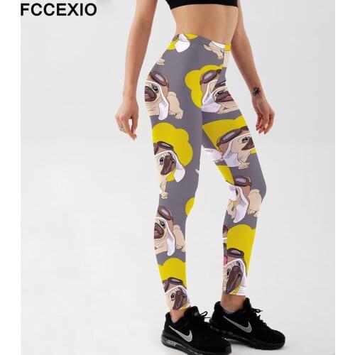 FCCEXIO Women Leggings High Waist Fitness Legging Spectacled Cute Pug Print Leggins Female Pants Workout Leggings Slim Trousers