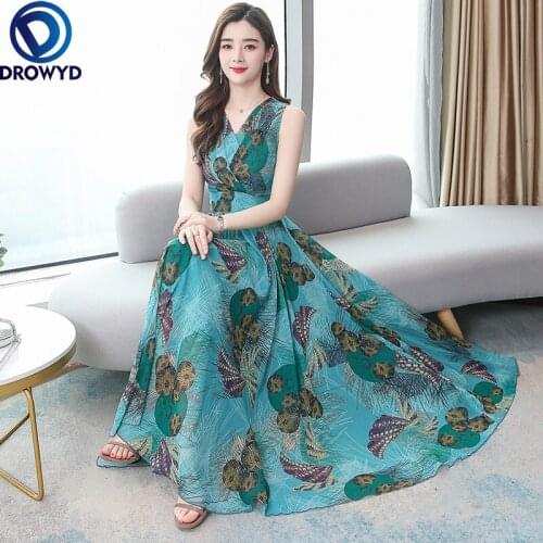 2021 High Quality Boho Chiffon Sleeveless V-neck Floral Maxi Dress Summer Vintage Sundress Women Elegant Bodycon Party Vestidos