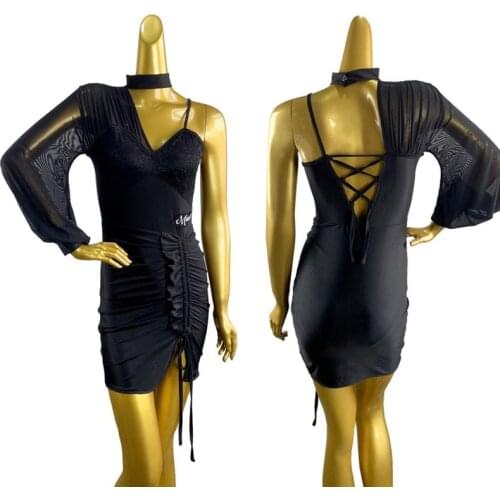 Latin Dance Dress Women One-Shoulder Sexy Dress With Ruffled Lace Latin Performance Costumes Latin Competition Dress DN7720