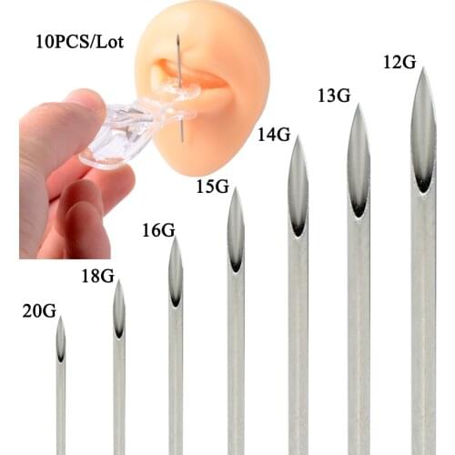 10pcs Surgical Steel Body Piercing Tool Kit Disposable Lip Belly Nose Ear Tragus Piercing Gas Sterilized Tattoo Needles 12-20G