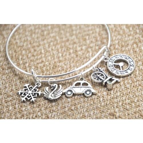 12pcs Once Upon A Time inspired bracelet Snowflake Swan Car Spinning wheel clock charm bangle bracelet