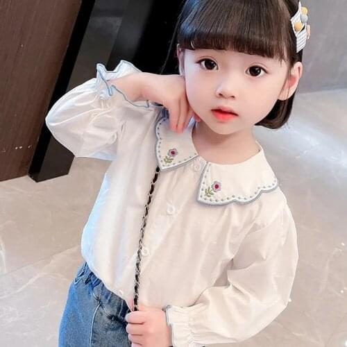 2-9 Years Little Kids Long Sleeve Top Shirt Embroidery White Blouses For Girls Cute Cotton Blouse Toddler Childrens Clothing