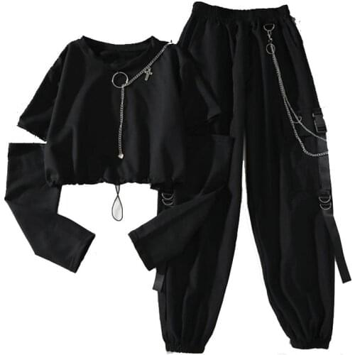 2021 Spring Autumn Women Harajuku Cargo Pants Handsome Cool Two-piece Suit Chain Long Sleeve+Ribbon Pants