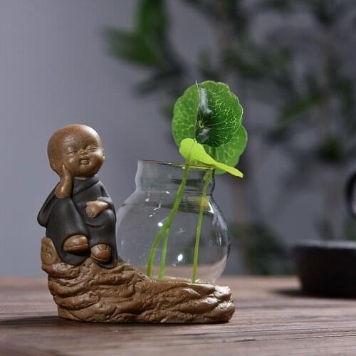 Colored Sand Pottery Potted Little Monk Flower Ware Tea Pet Home Decoration Ceramic Tea Ceremony Green Dill Flower Vase Plug