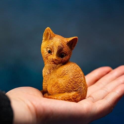 Boxwood 7CM Cat Wood Animal Statue Lucky Little Kitten Home Decoration