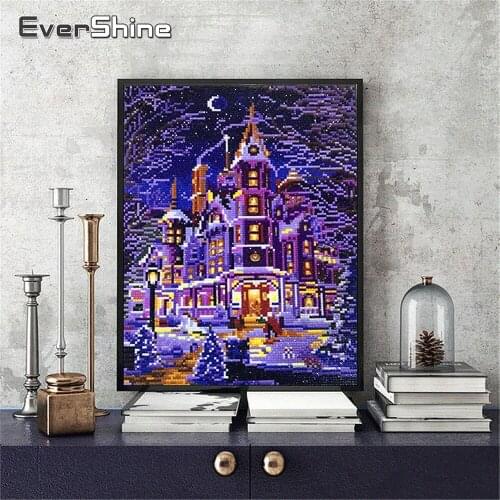 EverShine Diamond Painting LED Light Round Drill Winter Scenery Diamond Embroidery Landscape Full Set Home Decor Diamonds Art