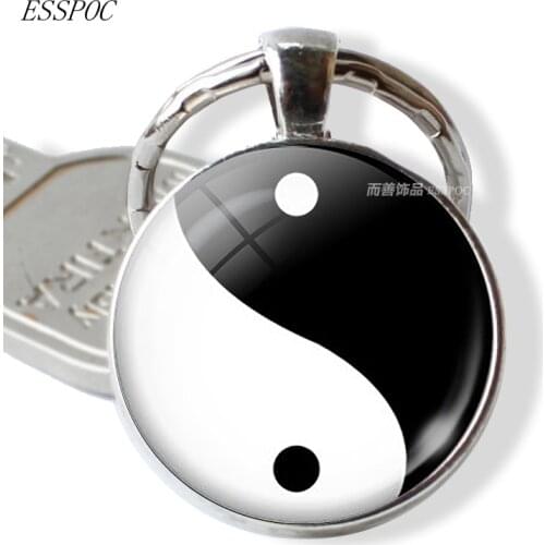 Yin Yang Black White Taichi Symbols Key Chain Glass Cabochon Dome Jewelry Pendant Keychain Jewelry for Men Women Gift