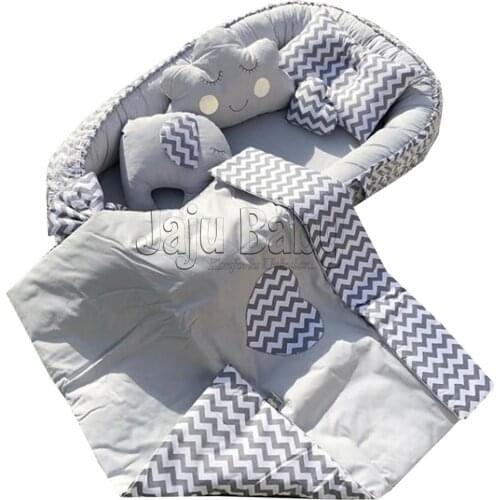 Jaju Baby Hand Made Gray Zigzag Combined Babynest Luxury Orthopedic Baby Nest Set Baby Bed, Mothers Side