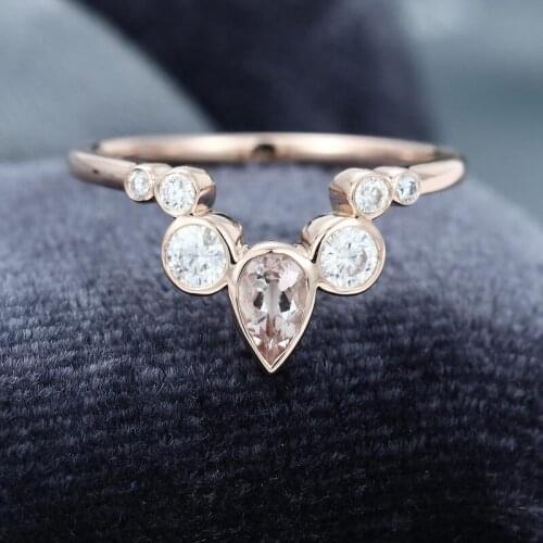 EDI Seven Stone Ring 14k Rose Gold Pink Morganite Gemstone Wedding Ring Round Brilliant Moissanites Anniversary Wedding Band