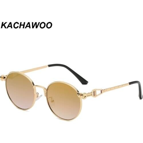 Kachawoo round retro sunglasses for men metal eyeglasses womens stylish sun shades European style gold blue mirror uv400 travel
