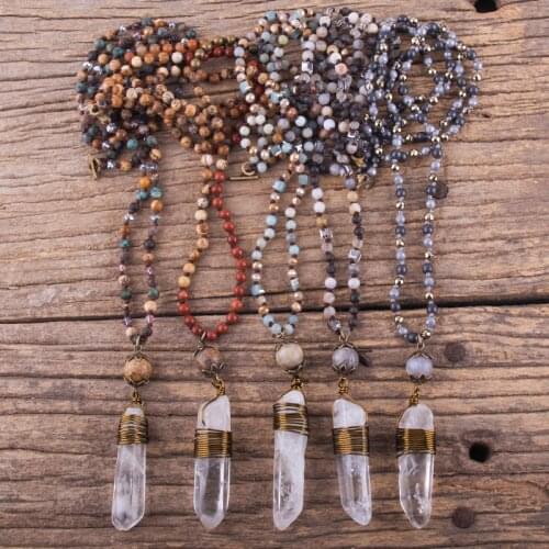 RH Fashion Bohemian Jewelry Accessory Beaded Necklace 4mm Multi Stone Knotted Crystal Stone Pendant Necklaces For Women Gift