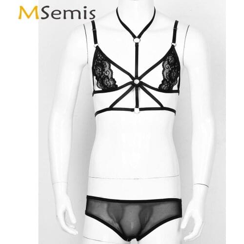Mens Exotic Apparel Sheer Mesh Lingerie Set Erotic Sissy Crossdressing Nightwear Gay Open Butt G-string Briefs with Lace Cup Bra