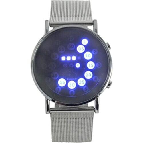 Mens Womens Creative Ultra Thin Round Mirror Blue Circles LED Wrist Watch for Women Men