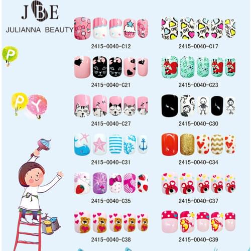 24PCS Press on Children Candy False Nail Tips Cartoon Full Cover Kid Pink Fake Nail Art for Little Girls 14 Design Manicure Tool