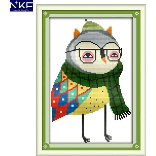 NKF Mr. Owl Animal Cross Stitch Set Handmade Craft Needlework Cross-Stitch Embroidery Kit Cross Stitch for Home Decor