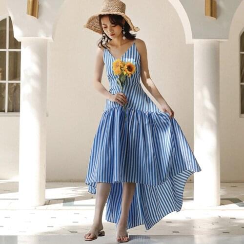 New arrival fashion summer party long dress women temperament elegant sexy strap backless sweet striped beach holiday sundress