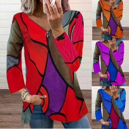 Fall 2021 New Womens Tops Color Matching V-neck Zipper T-shirt Casual Loose Pullover Womens T-shirt Trendy Clothes for Women