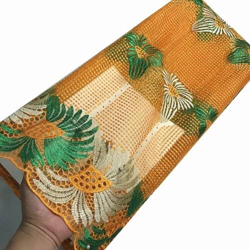 Latest 5 Yards Orange&Green Clothes Embroidery Organza African Women Net Lace Fabric Tulle Nigerian Wedding KRL-6920
