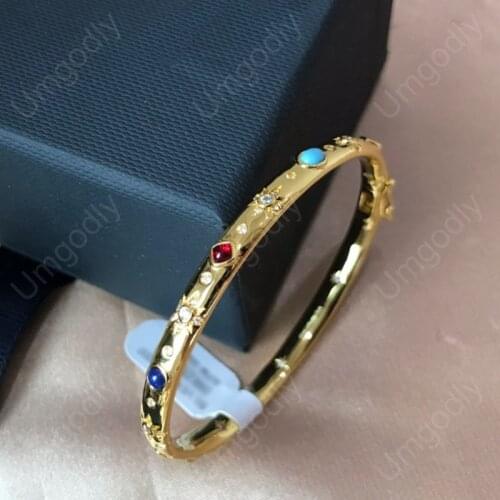 UMGODLY Luxury Bangle Gold Color Roma Dainty Multicolor Stone Bangle Women Monaco Brand Bracelet FUN CRAZY LOVE Jewelry