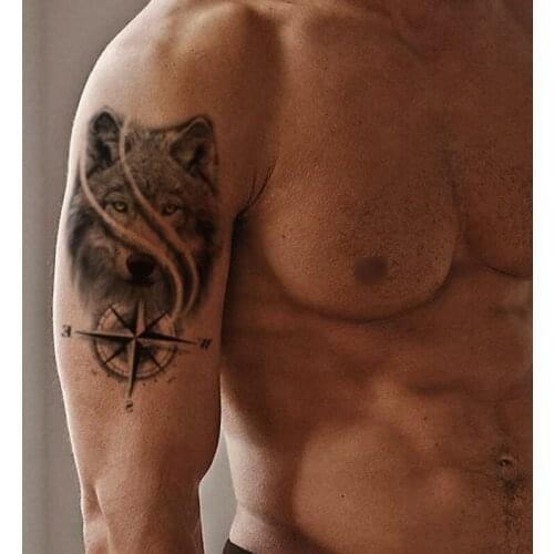 Temporary Tattoo Stickers Black Compass Wolf Green Eyes Letter Totem Fake Tattoos Waterproof Tatoos Arm Large Size for Women Men