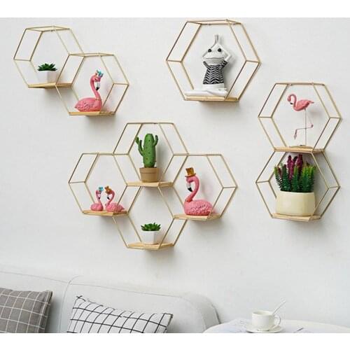 Iron Storage Holder Wall-mounted Multifunctional Nordic Style Geometric Firm Hexagonal Shelf for Home