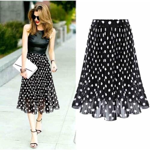 2021 Womens Black White Tulle Polka Dot Chiffon Pleated Summer Skirts Big Plus Size Korean Midi Flared Ladies Elastic Elegant