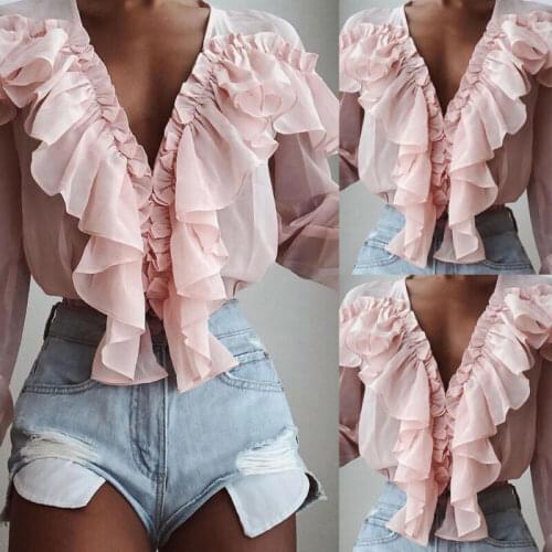 Summer Women Long Sleeve Ruffle Blouse Shirt Top Tees Frill Shirts Tops V-Neck Butterfly Blouse Office Lady Chiffon Blouse Top