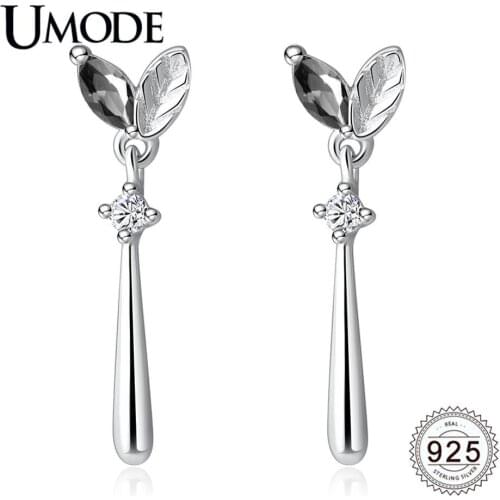 UMODE New 925 Sterling Silver Black Zircon Crystal Leaf Drop Earrings for Women White Gold Jewelry Bijoux Femme ALE0628