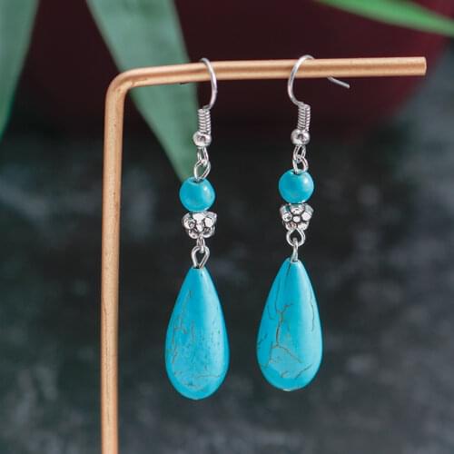 Tenande Tibet Silver Color Vintage Bohemian Long Flowers Drop Earrings Natural Stone Water Droplets Dangle Earrings for Women