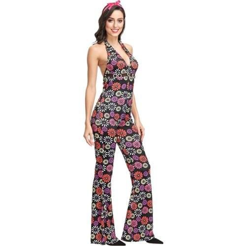 Sexy Colorful Floral V-neck Halter Backless Jumpsuit Cosplay Hippie Disco 70S Costume Gothic Clothes Halloween Costume For Women