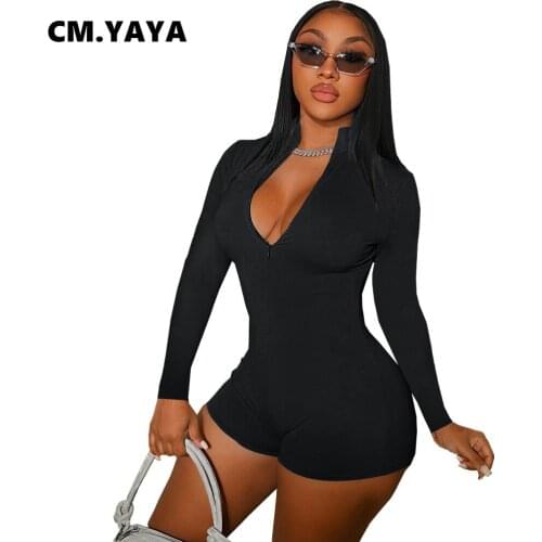 CM.YAYA Women Playsuit Solid Full Sleeve Zipper Stand Collar Stretchy Skinny Bodycon Playsuits Casual Rompers Autumn Outfits