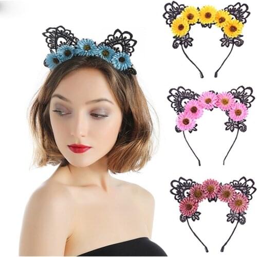 Cosplay Hair Hoop Lace Cat Ears Flowers for Women Korean Fashion Party Headwear Bijoux Femme Bandeau Cheveux Hair Accessorie