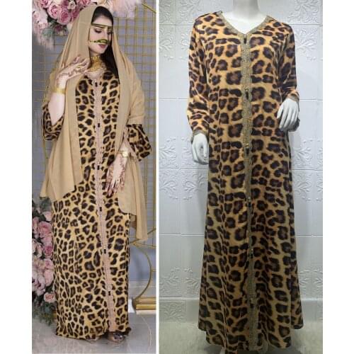 Robe Fashion Leopard Lace Dress for Women Print Jalabiya Dubai Oman Arabic Muslim V Neck Long Sleeve plus size Islamic Clothing