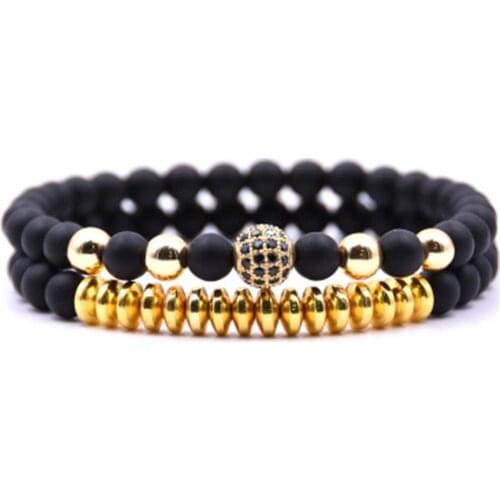 2 pcs/1 set Unisex Micro inlaid zircon stretch men women beads bracelet black gold color luxury gift Sale