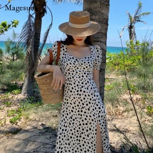 2021 A-line Cotton Polka Dot Square Neck Dress Chic Korea Summer Women Dress Vintage High Waist Slim Party Dress Vestido 14121