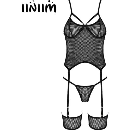 3Pcs Womens Sexy See-through Mesh Lingerie Suit Adjustable Spaghetti Straps Patchwork Top with G-String Leg Rings Outfit Set