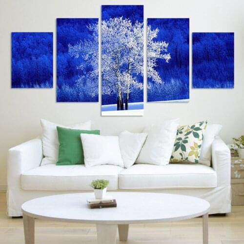 5 Panel White Tree And Blue Background Frame Canvas Poster Home Pictures Wall Art Painting Decor Living Room Modular HD Print